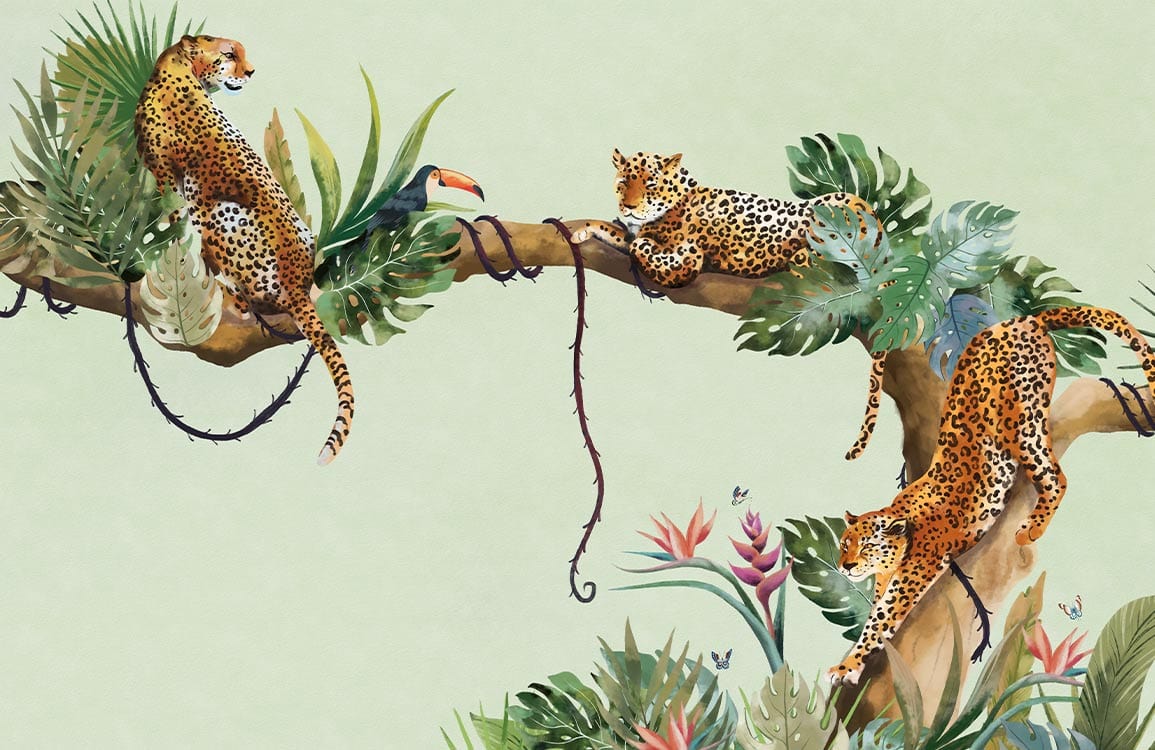 Tropical Jungle Safari Mural Wallpaper with Leopards and Exotics in Green Background