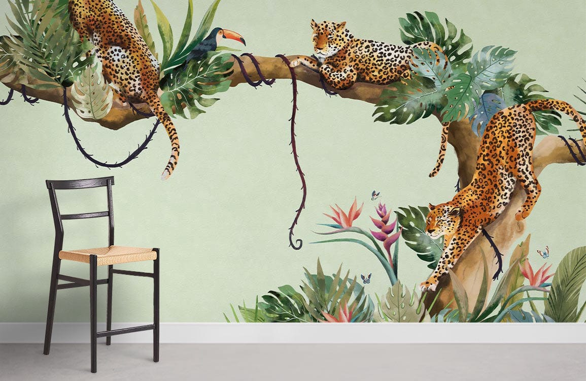 Tropical Jungle Safari Mural Wallpaper with Leopards; green wall, black chair, bright jungle theme.