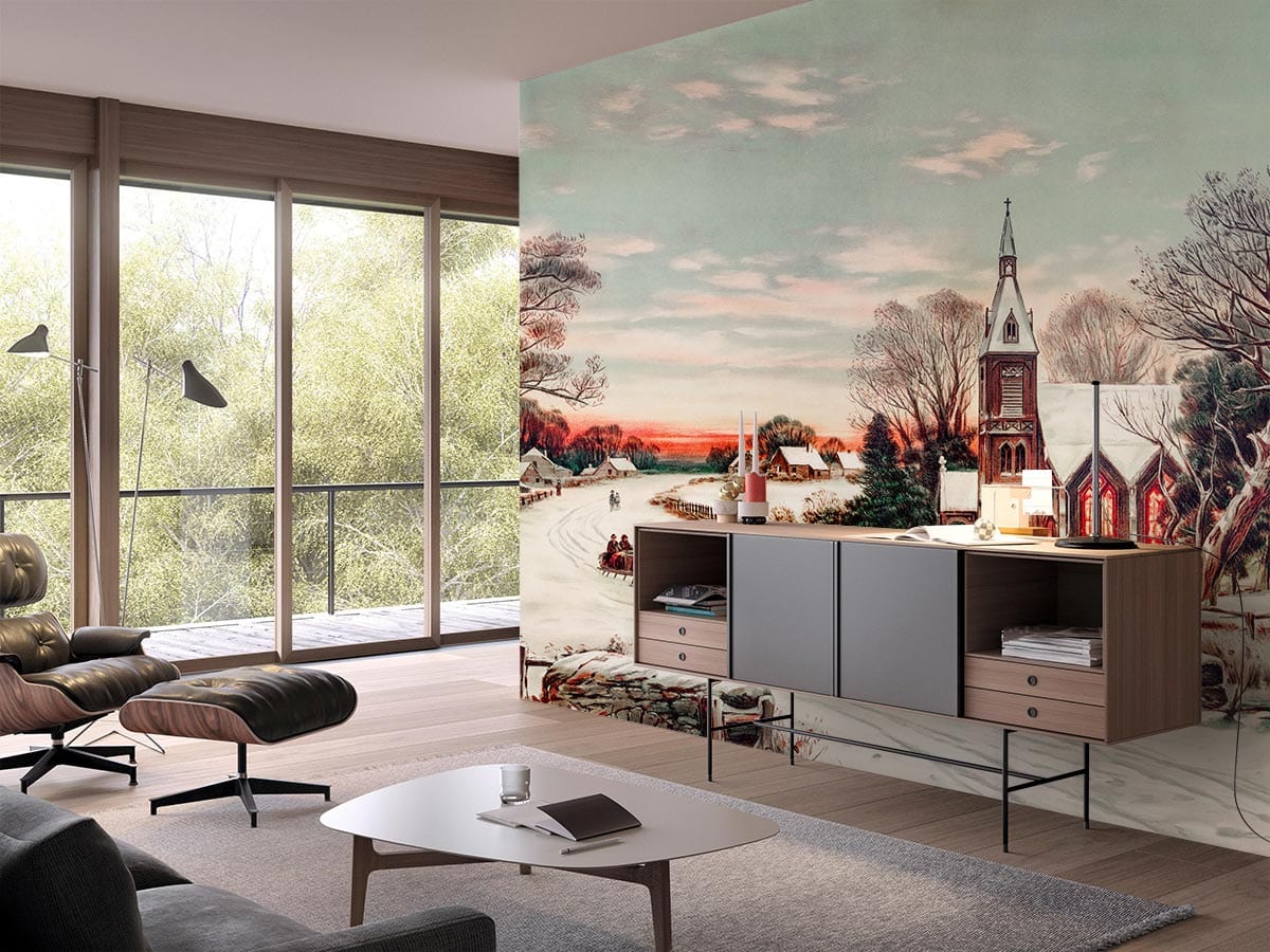 Vintage Winter Wonderland mural wallpaper in pastel, modern cabinet, grey sofa room, wooden flooring.