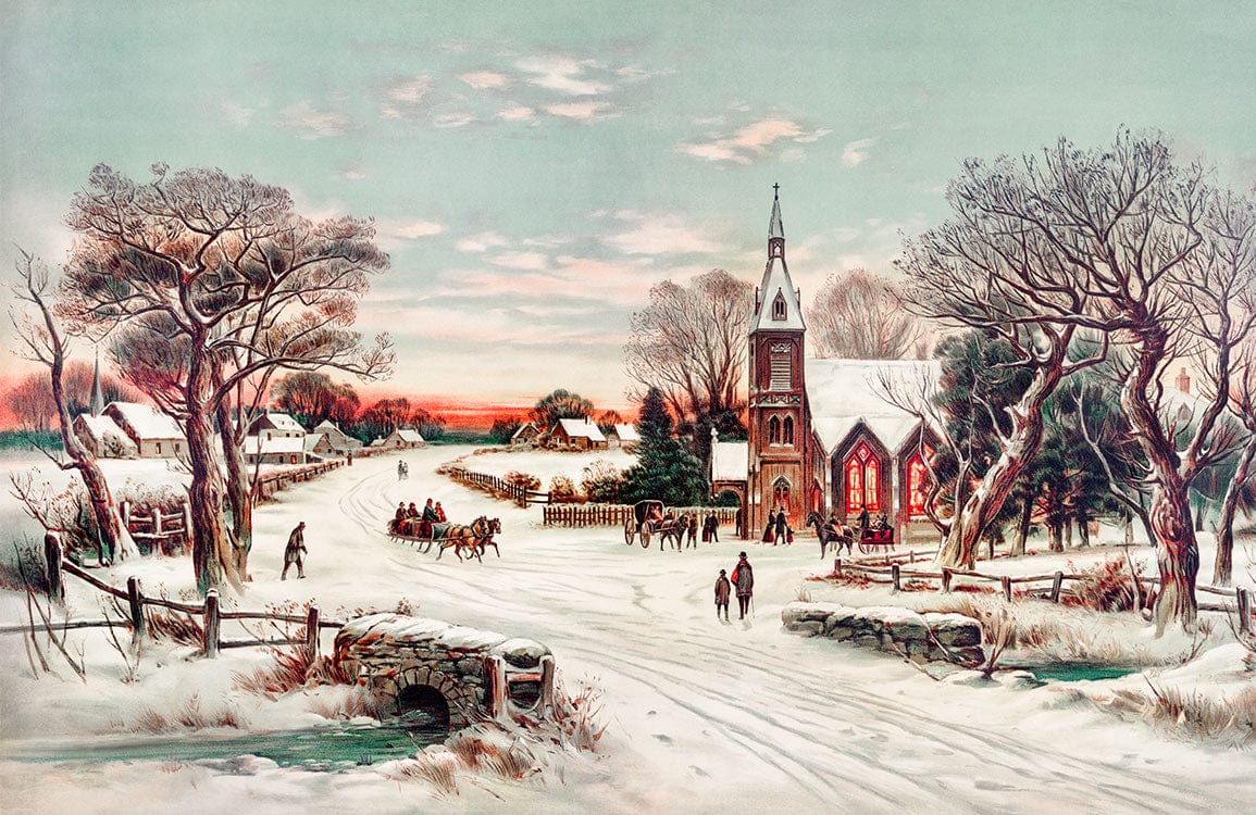 Vintage Winter Wonderland Church Scene Mural Wallpaper in Pastel Colours
