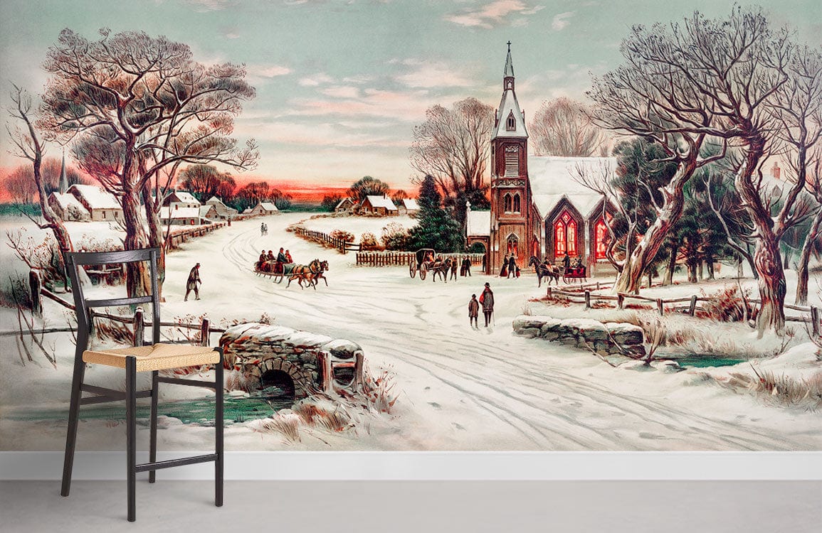 Vintage Winter Wonderland Church mural, pastel hues; black chair, grey flooring in living room setting.