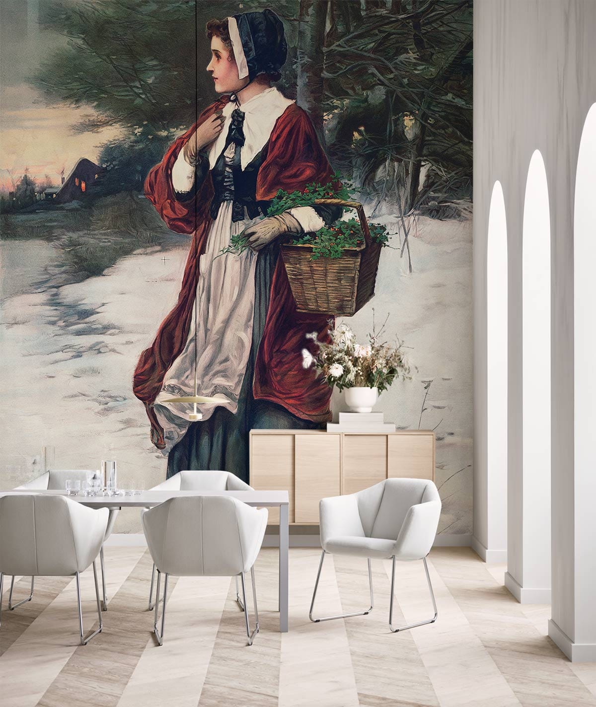 Antique Victorian mural wallpaper complements minimalist white chairs and light wood flooring in modern lounge.