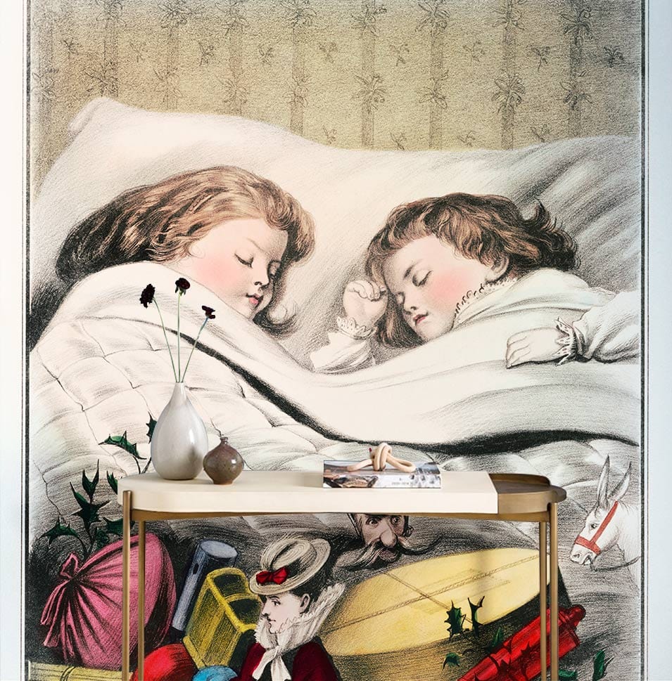 Vintage Children's Christmas Dreams Mural Wallpaper with toys, pastel tones, and minimalist console table.