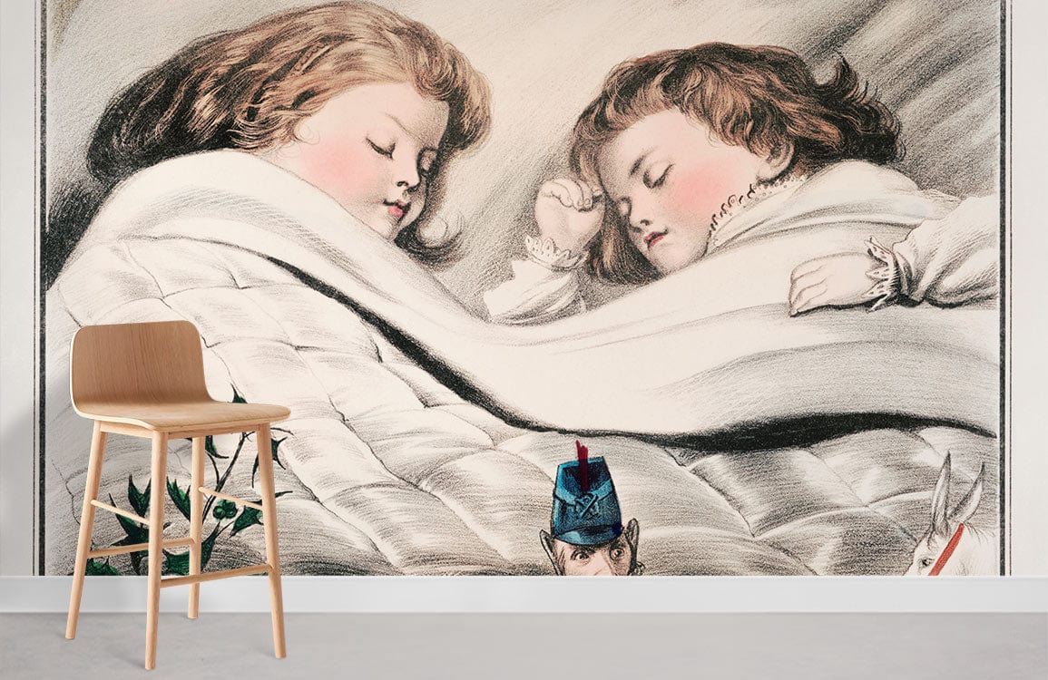 Vintage Children's Christmas Dreams mural wallpaper with toys, pastel tones; light wood chair, grey flooring.