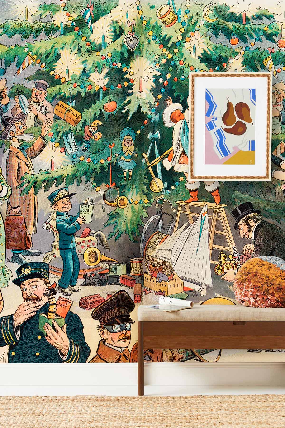 Victorian Christmas vintage mural wallpaper with festive scene, colourful illustration, and cosy room setting.