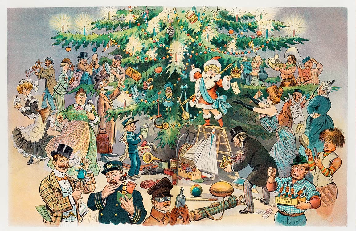 Victorian Christmas Festive Scene Colourful Vintage Mural Wallpaper Illustration Print