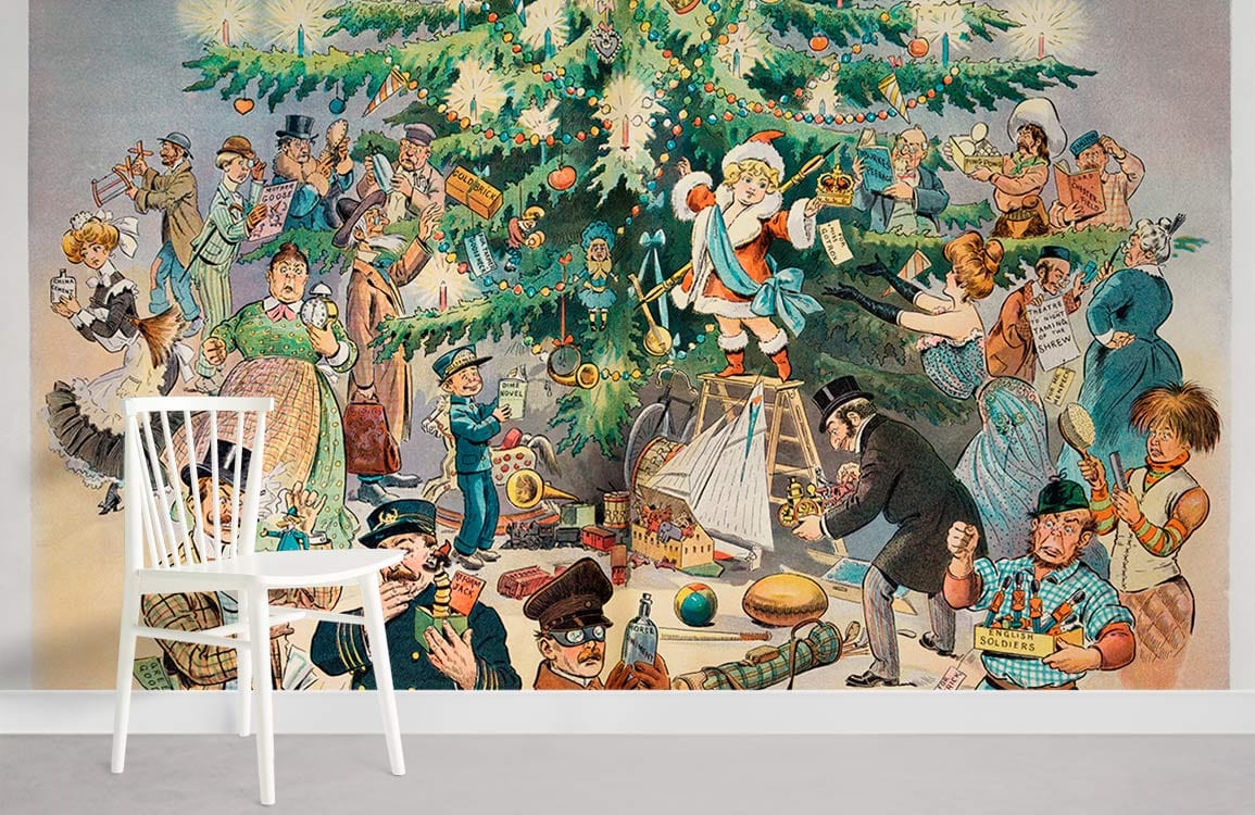 Victorian Christmas mural wallpaper with festive scene, white chair, grey flooring, vintage decor style.