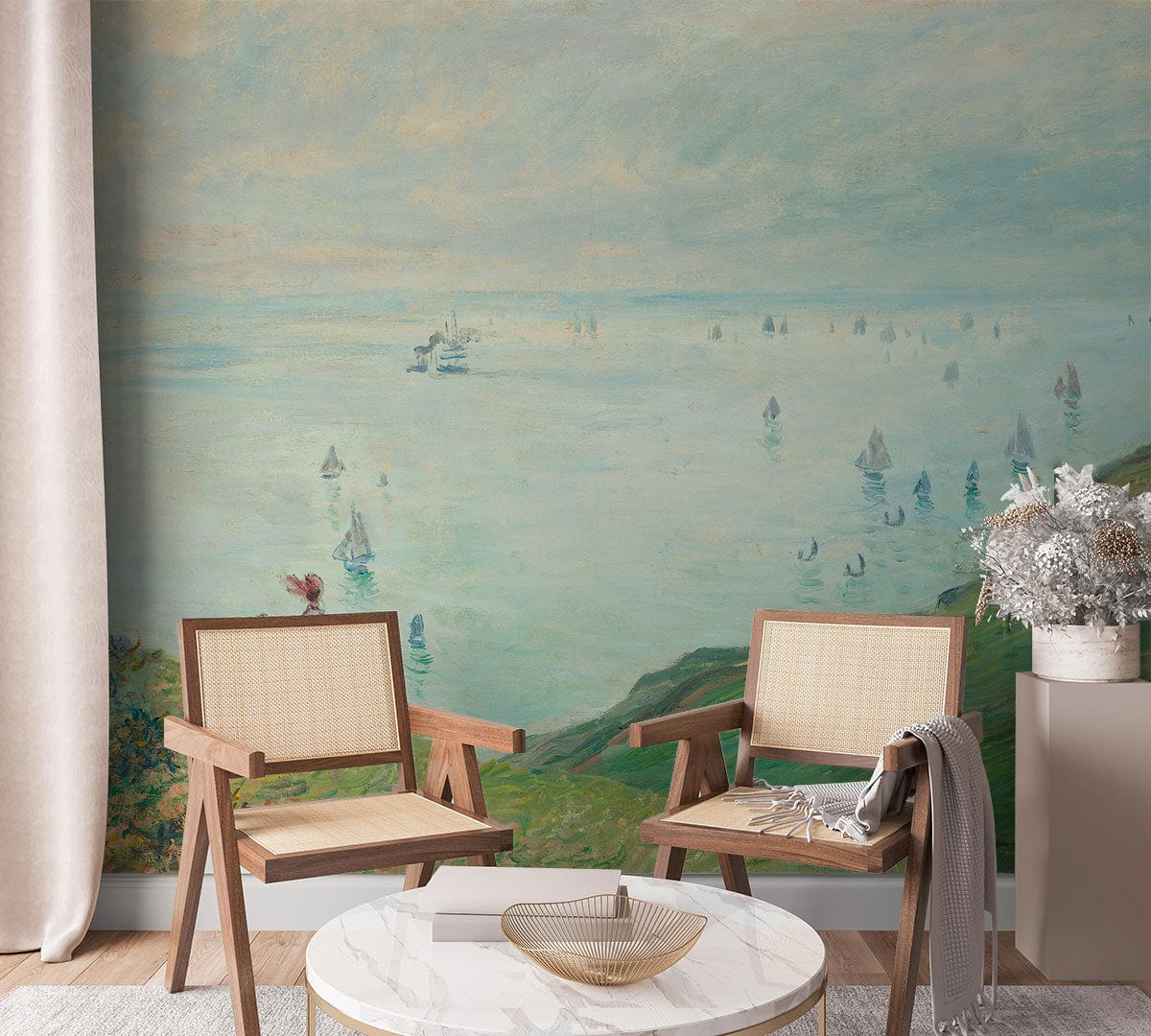 Impressionist Coastal Landscape Mural Wallpaper, serene green hills, modern chairs, marble table, light wood flooring.