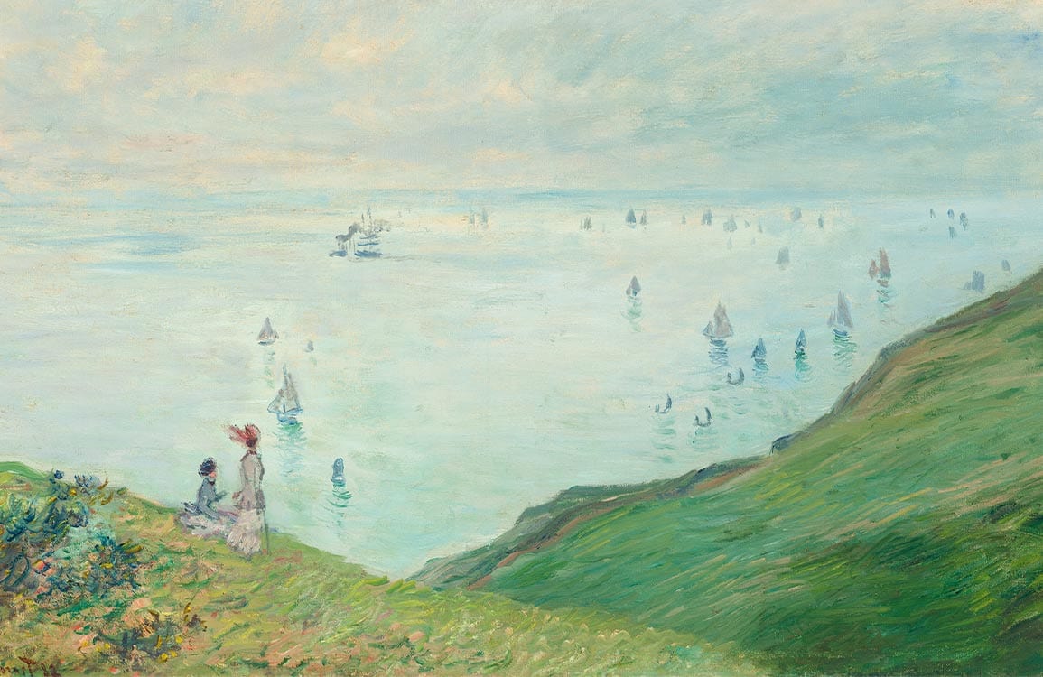 Impressionist Coastal Landscape Mural Wallpaper with Serene Green Hills and Sea
