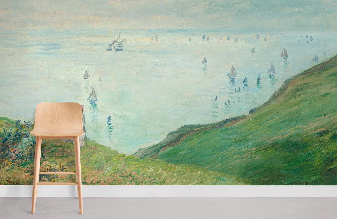 Impressionist coastal landscape mural wallpaper, wooden chair, grey flooring, serene green hills and sea scene.