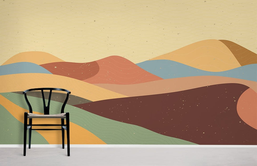 Retro earthy tones mural featuring abstract landscape, black chair, beige wall, and grey flooring in lounge.