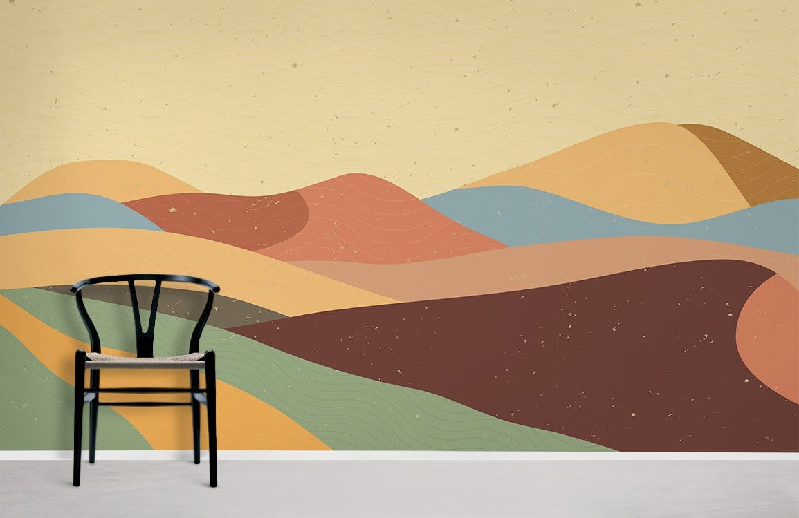 Retro earthy tones mural featuring abstract landscape, black chair, beige wall, and grey flooring in lounge.