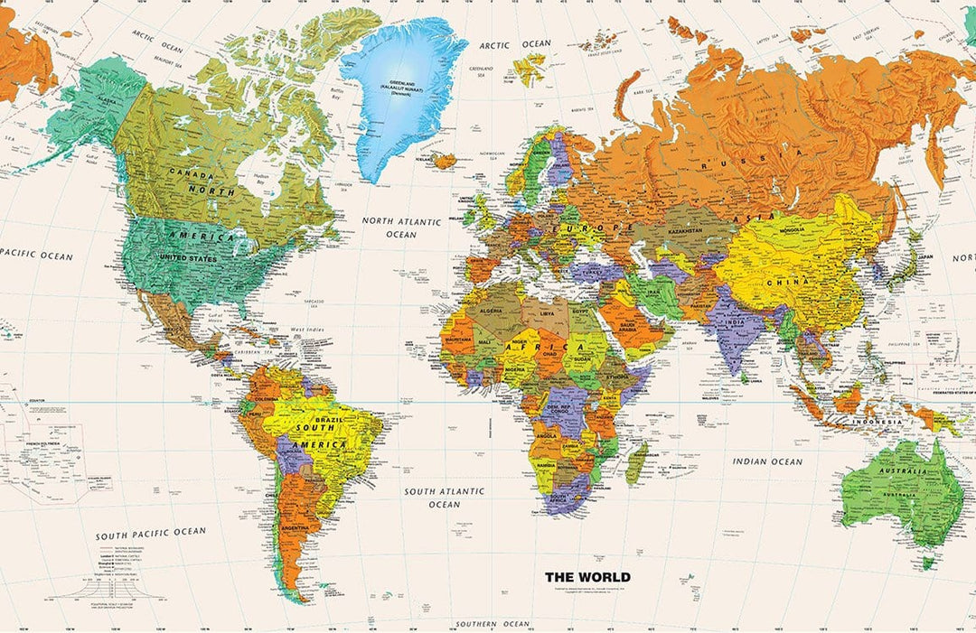 Colourful World Map Mural Wallpaper with Geographic Detailing for Home Decor