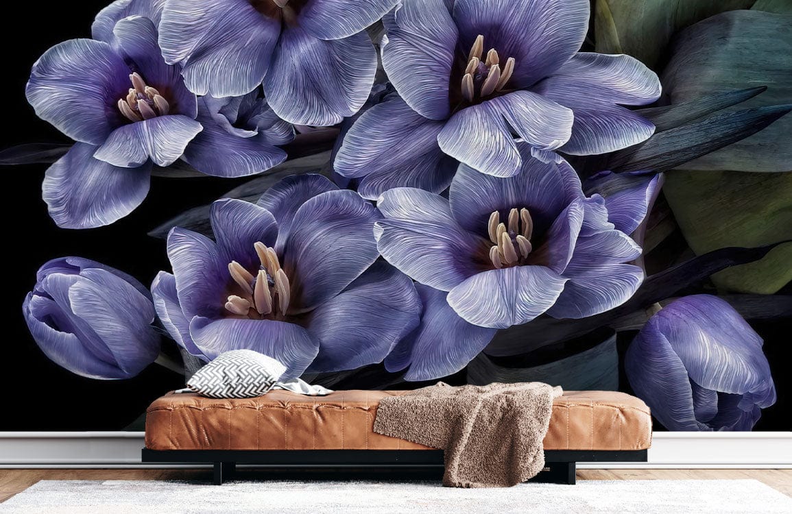 Vintage botanical mural wallpaper with lilac blooms, black background, brown sofa, modern minimalist decor.