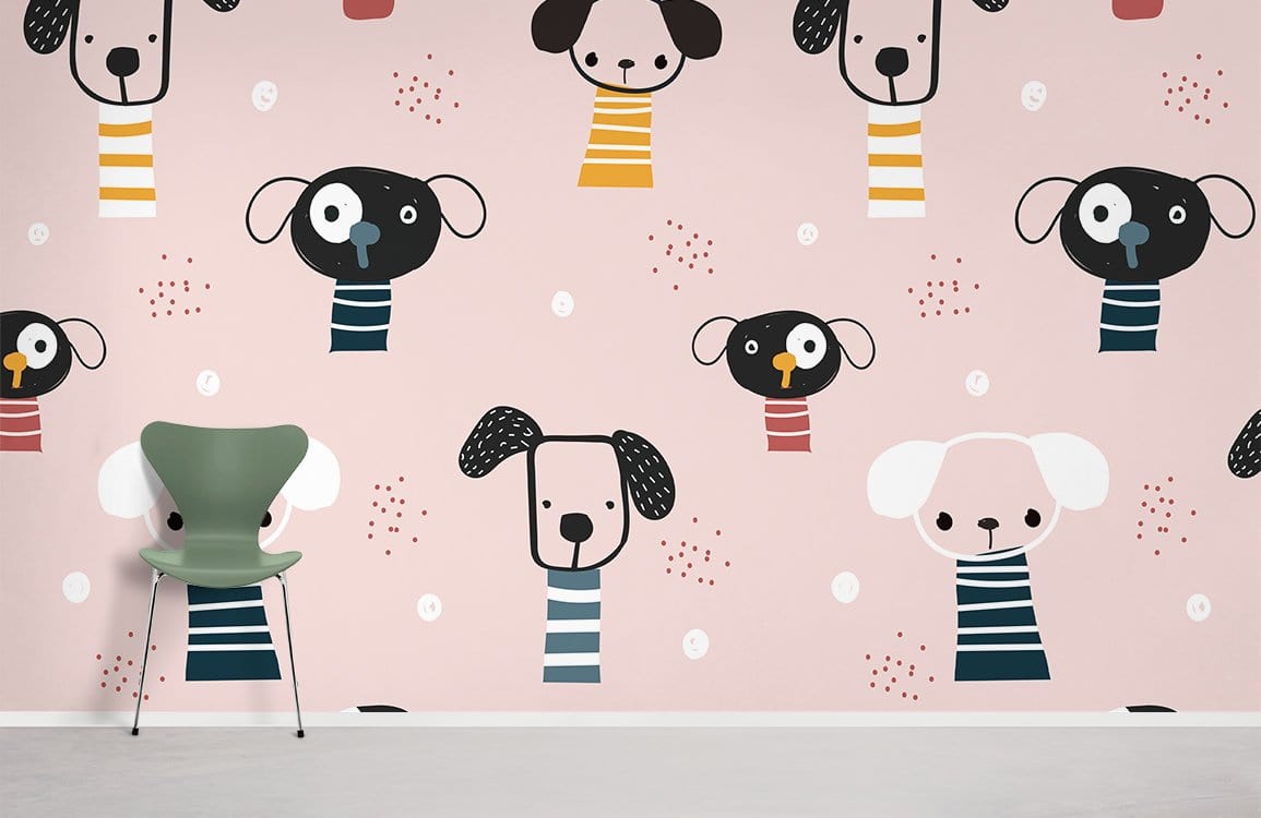 Playful pastel dog wallpaper, kids' room, pink background; green chair, grey flooring; whimsical design.