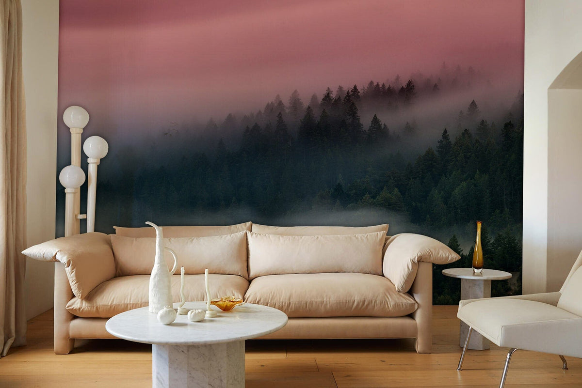 Serene Pink Mist Forest Mural, beige sofa, white marble table, wooden floor, cosy living room.