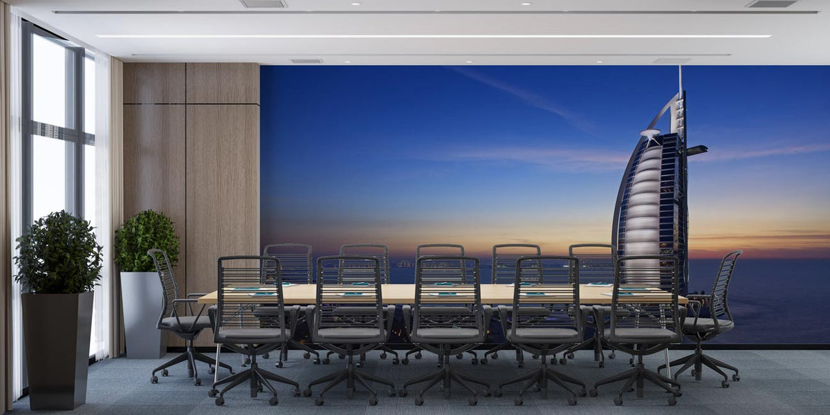 Dubai Skyline Twilight Mural Wallpaper in modern office with grey carpet and ergonomic black chairs.