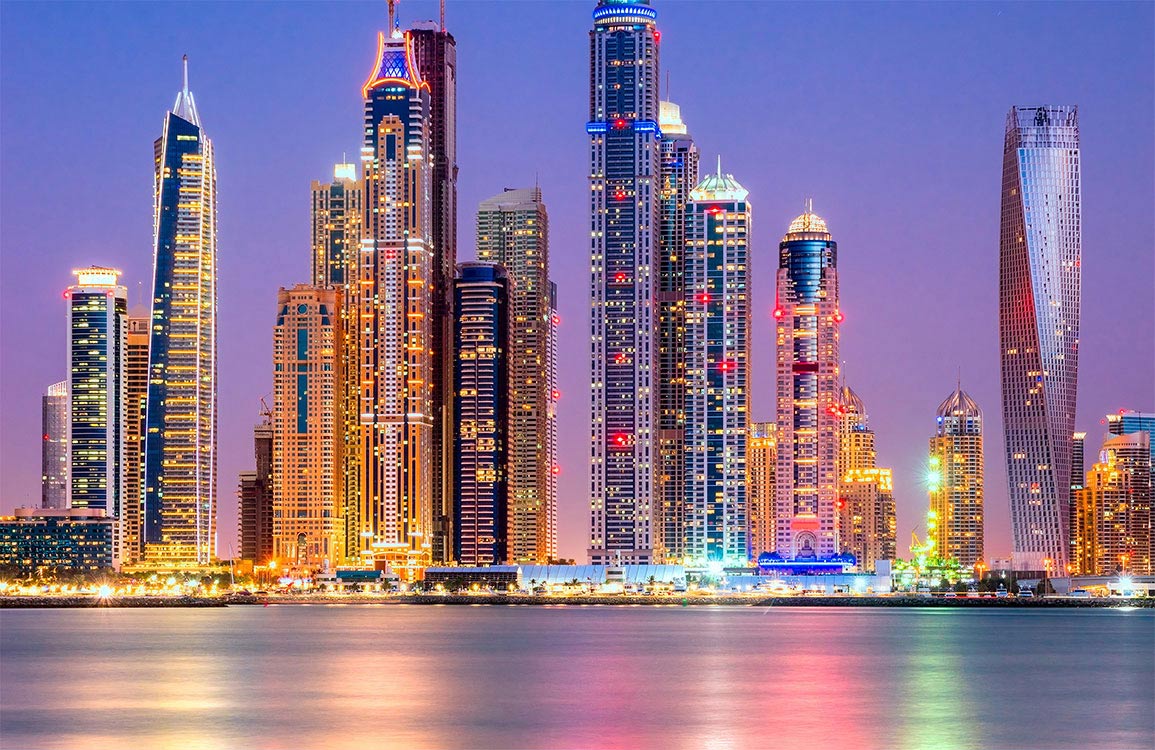 Vibrant Cityscape Evening Skyline Mural Wallpaper with Illuminated Skyscrapers Scene