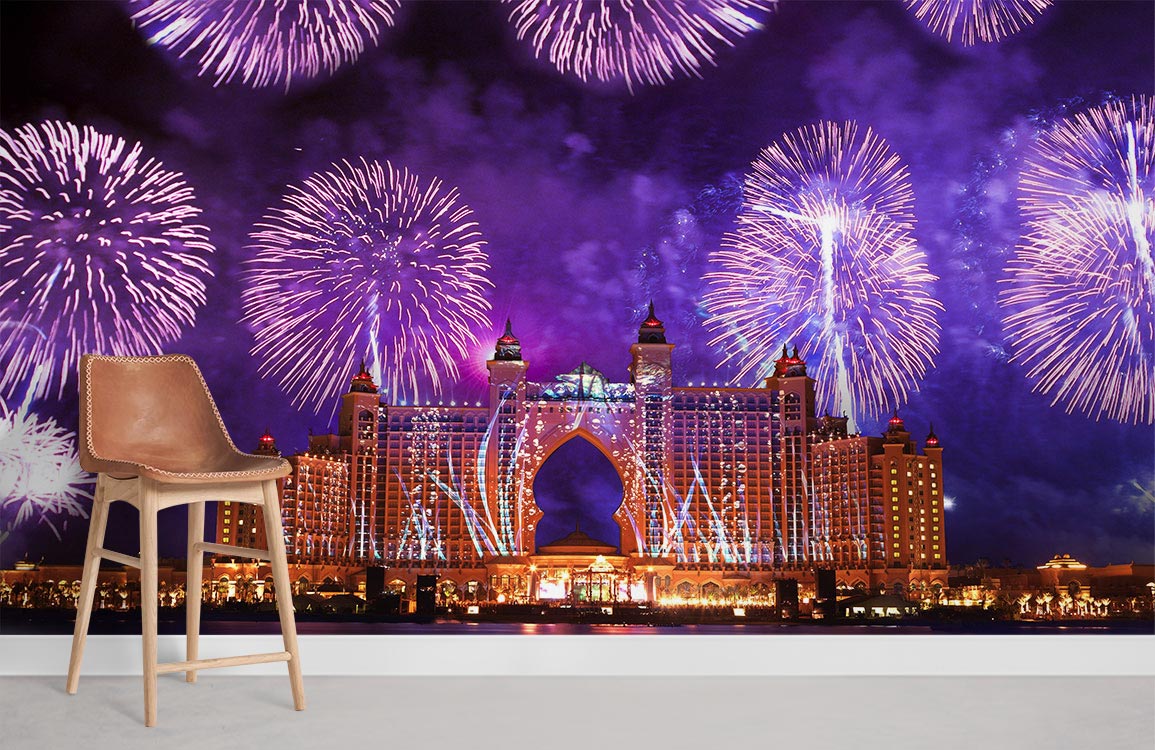 Vibrant purple fireworks wallpaper, festive display, features beige chair, light grey flooring, dynamic Décor.