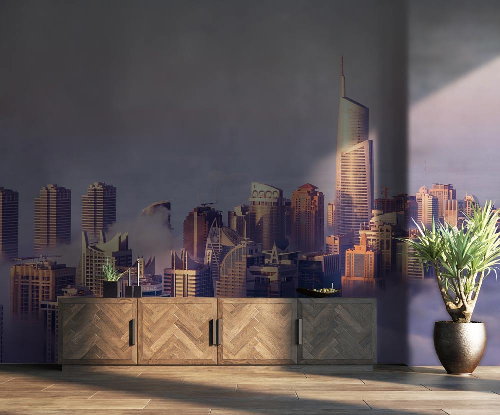 Urban Skyline Dreamscape Mural on grey wall with wooden sideboard, tiled flooring, and potted plant.