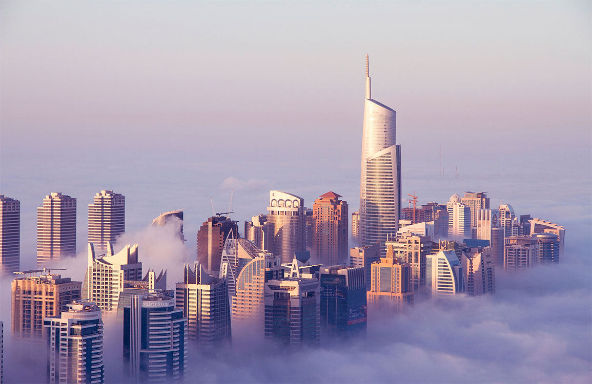 Urban Skyline Dreamscape Mural: Serene Misty Cityscape in Soft Pastels
