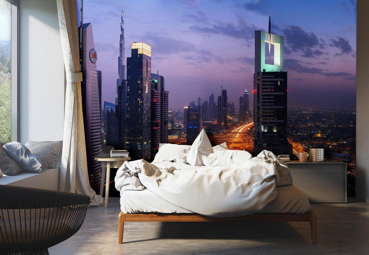 Skyline Cityscape Mural Wallpaper in modern bedroom with cosy white bedding, soft grey curtains, wooden flooring.