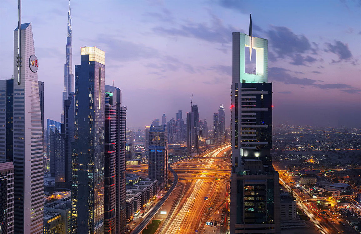 Skyline Cityscape Mural Wallpaper: Urban Elegance in Dusk Blues and Greys