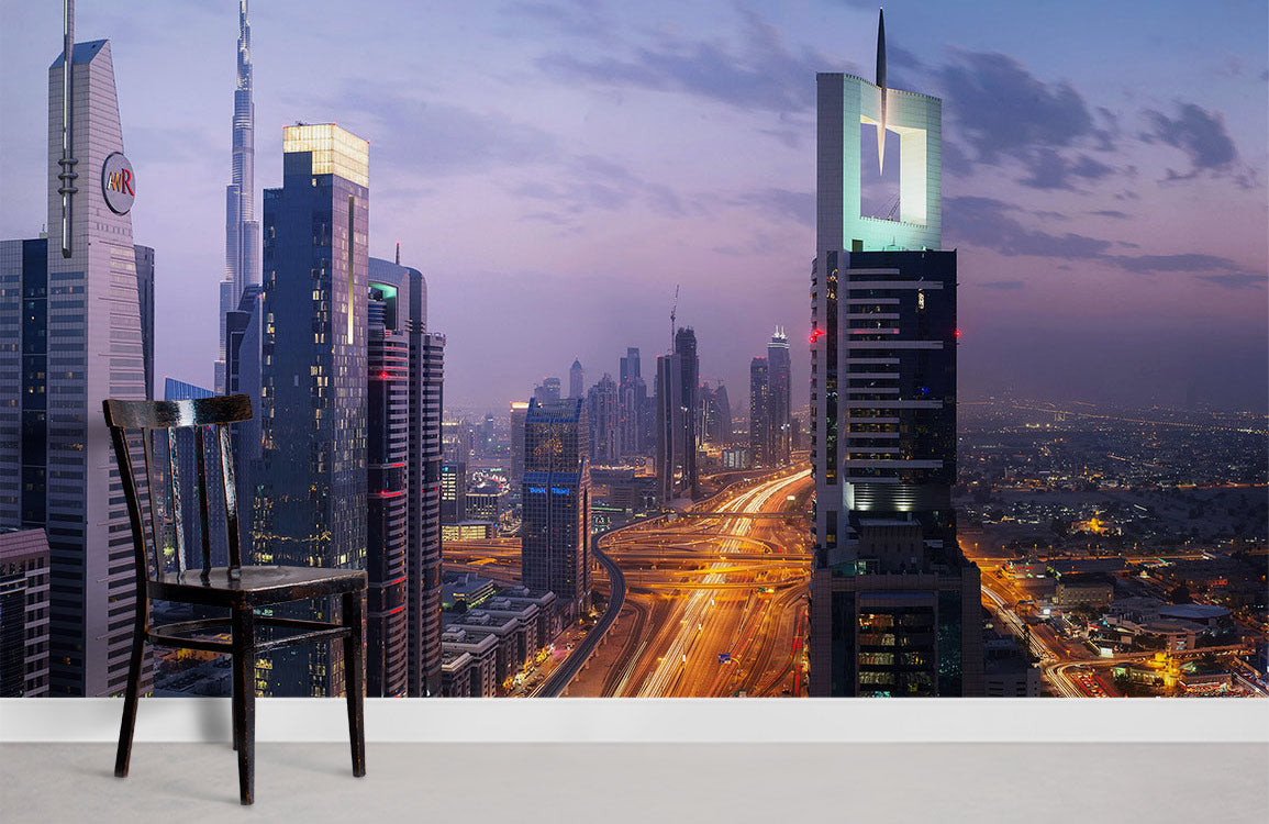 Skyline Cityscape Mural, urban elegance in blues, greys; modern chair on light grey flooring.