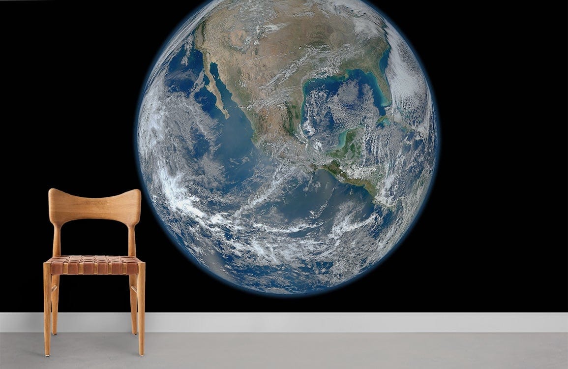 Blue Earth Space View Mural Wallpaper, minimalist Décor, chair, grey flooring, Cosmic Planet Art Décor.