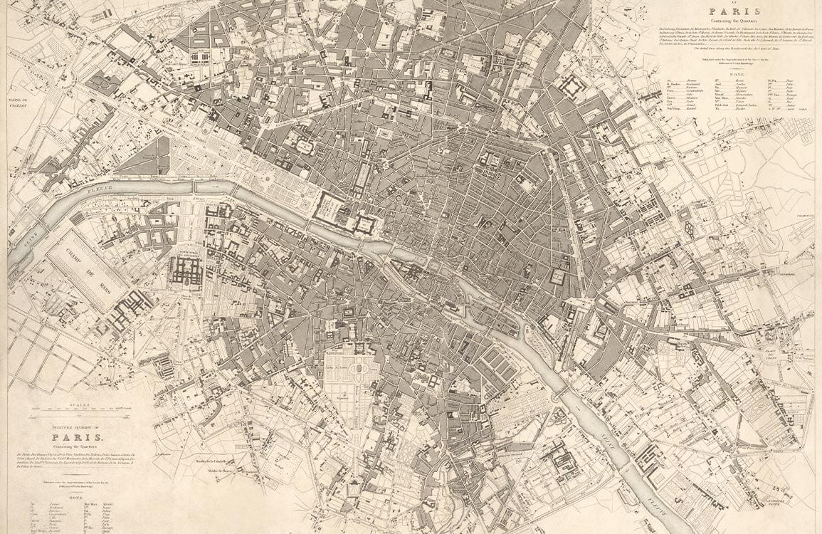 Elegant Vintage Paris Map Mural Wallpaper in Monochrome Historic Style