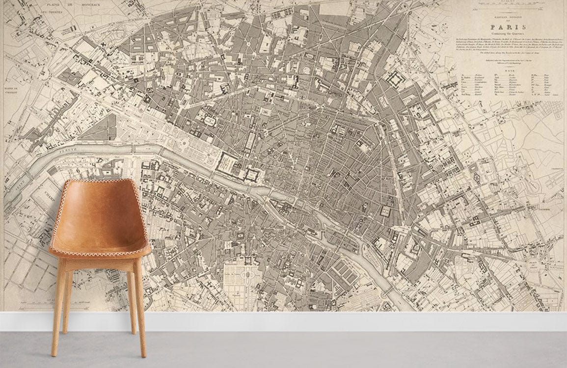 Elegant Vintage Paris Map Mural Wallpaper, monochrome style, brown chair, grey flooring, living room decor.