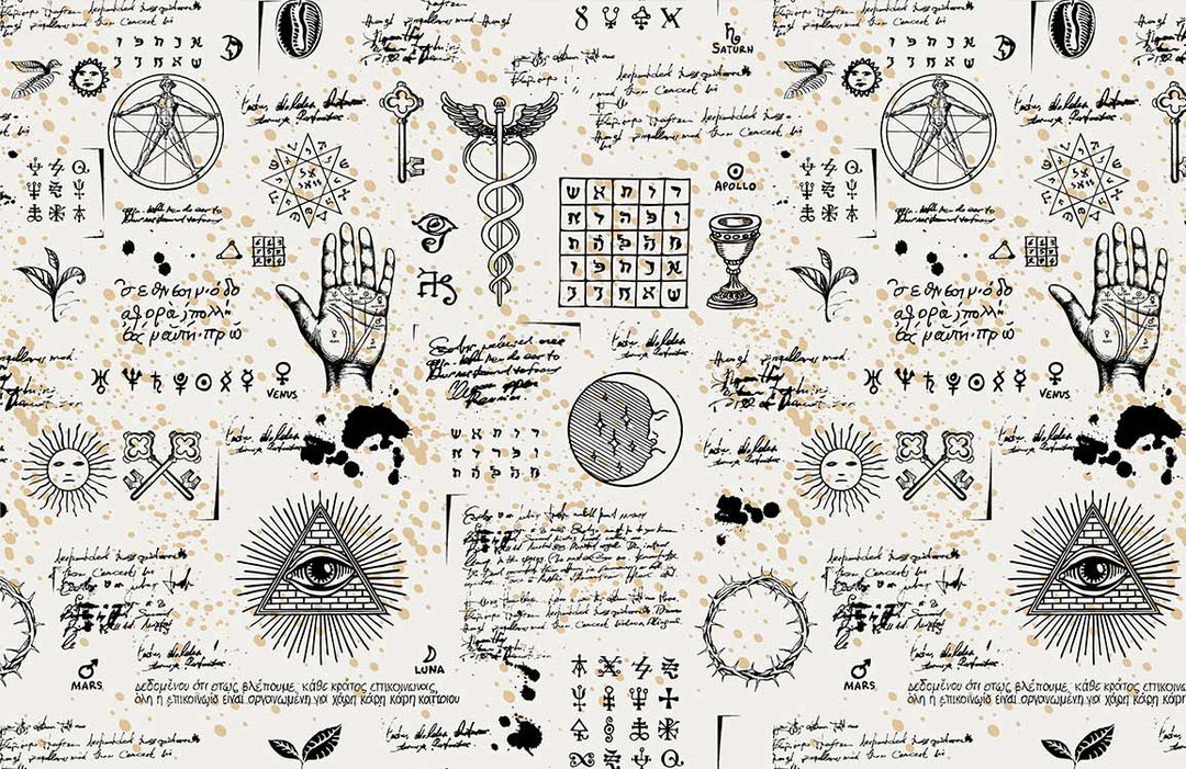 Mystical Vintage Black and Beige Alchemy Symbols Mural Wallpaper Design