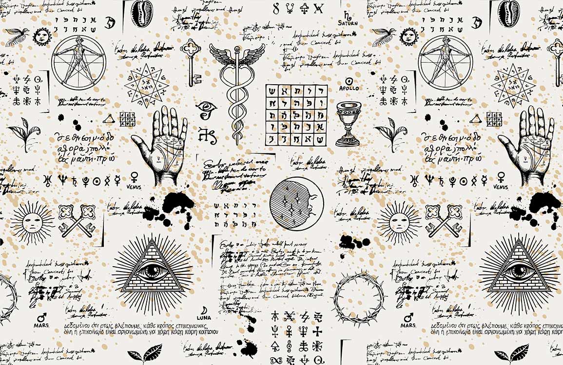 Mystical Vintage Black and Beige Alchemy Symbols Mural Wallpaper Design