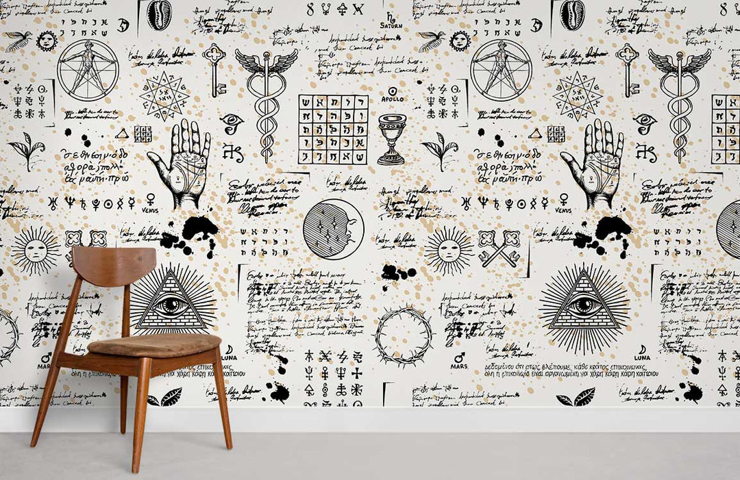 Mystical Vintage Wallpaper Design featuring alchemy symbols, wooden chair, grey floor in contemporary room.