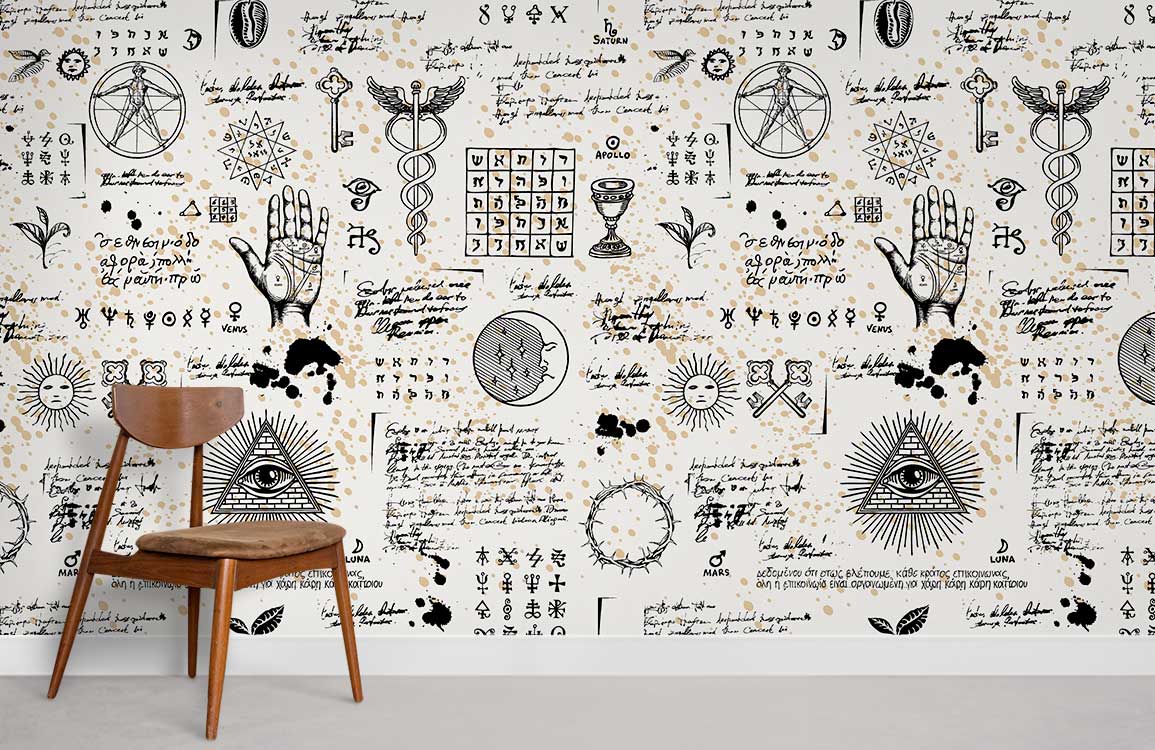 Mystical Vintage Wallpaper Design featuring alchemy symbols, wooden chair, grey floor in contemporary room.