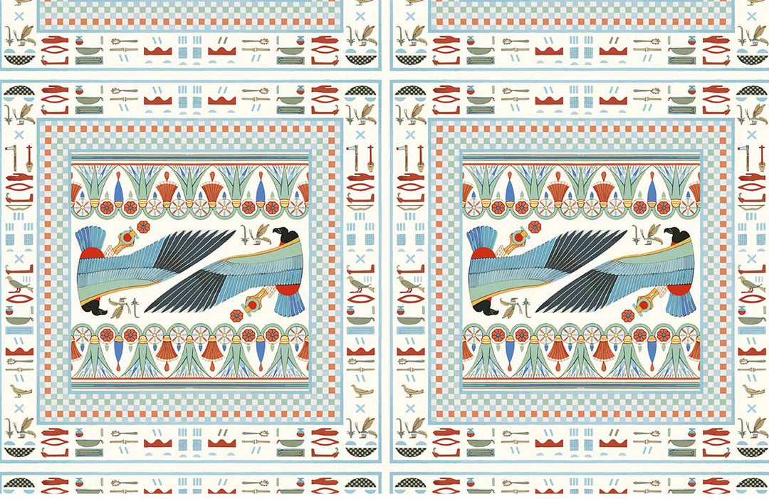 Vintage Egyptian Bird Motif Wallpaper - Blue, Red, and Beige Elegance