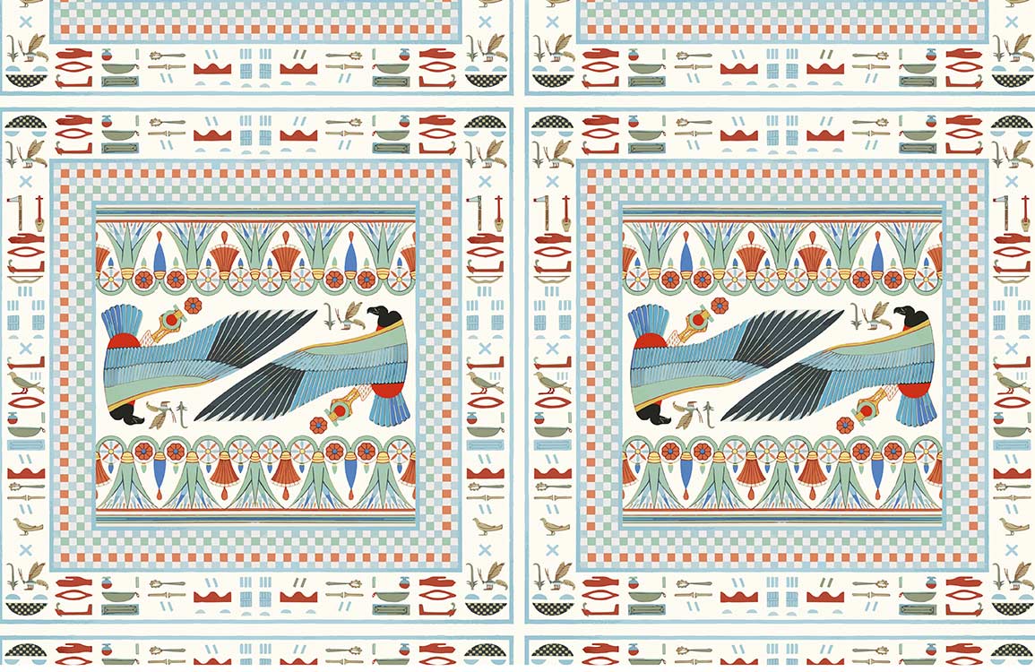 Vintage Egyptian Bird Motif Wallpaper - Blue, Red, and Beige Elegance