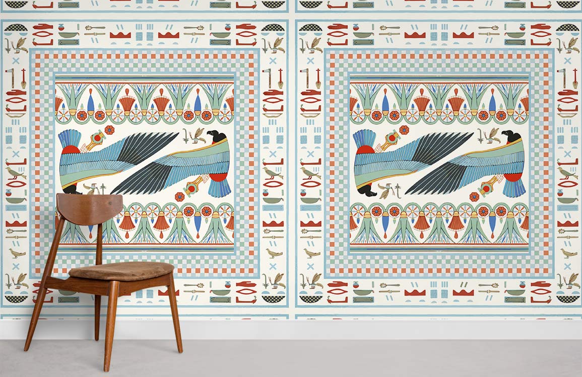 Vintage Egyptian bird motif wallpaper in blue, red, beige with wooden chair on grey flooring.