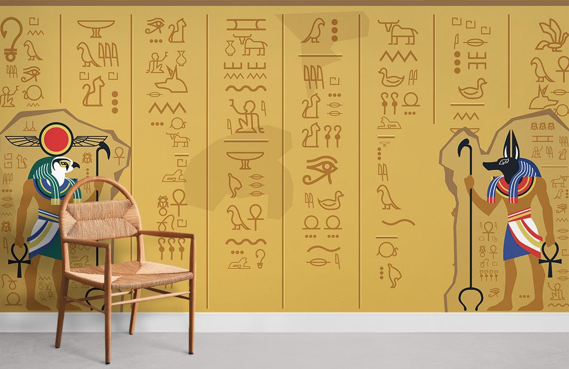 Ancient Egyptian hieroglyphs mural wallpaper in sand tones; featuring wooden chair; grey flooring.