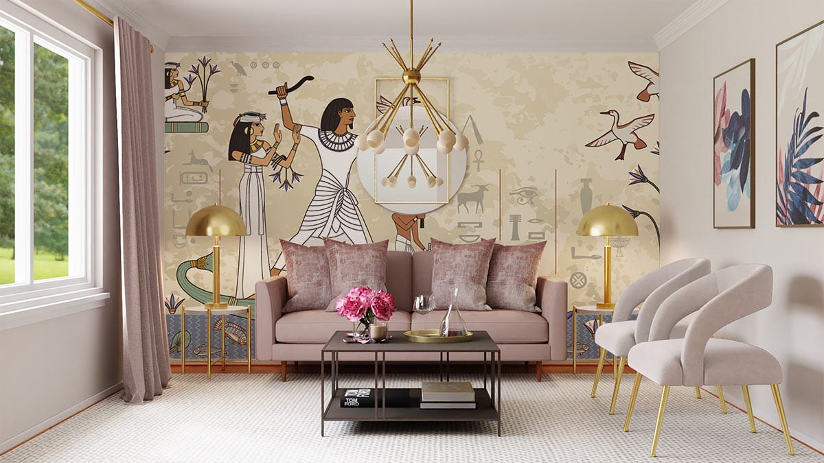Luxurious room with Ancient Egyptian motif beige mural wallpaper, modern sofa, elegant chairs, soft lighting.