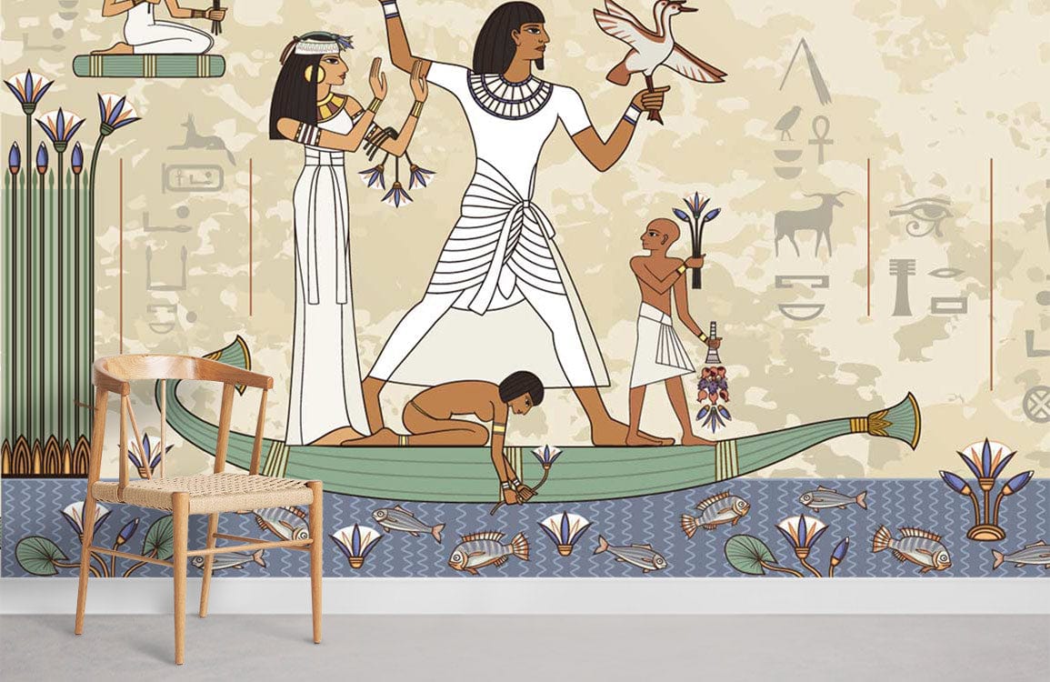 Ancient Egyptian motif mural wallpaper with hieroglyphs, light wood chair, neutral flooring.