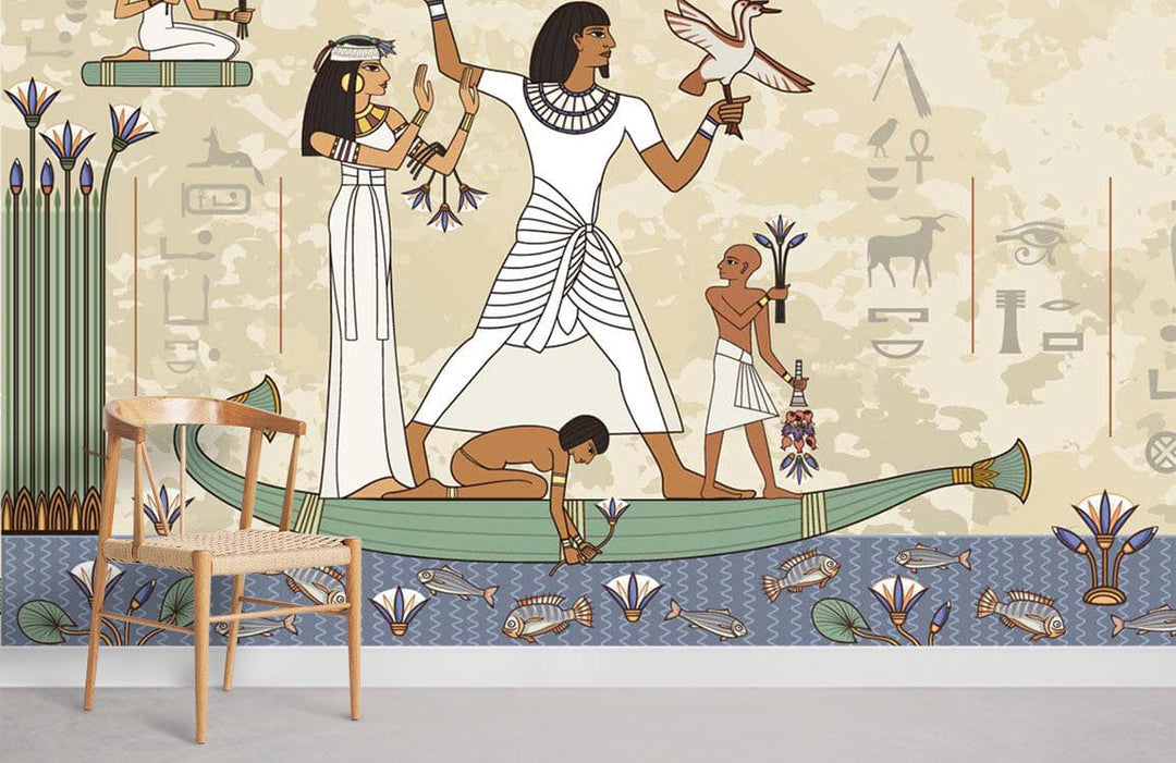 Ancient Egyptian motif mural wallpaper with hieroglyphs, light wood chair, neutral flooring.