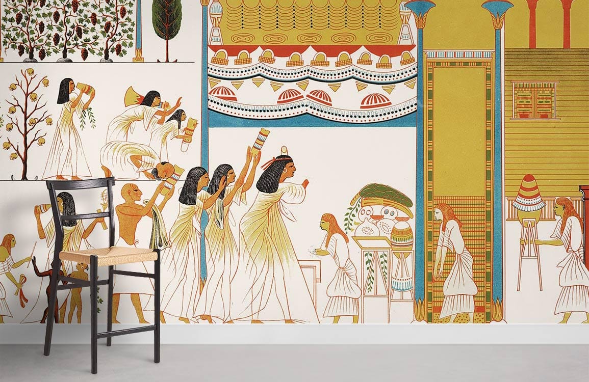 Ancient Egyptian Mural Wallpaper with historical design, wooden chair, and light grey flooring in a room.