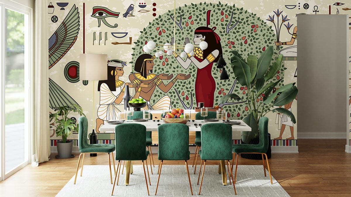 Ancient Egyptian Mural Wallpaper, green velvet chairs, wooden floor, modern dining area, large window.