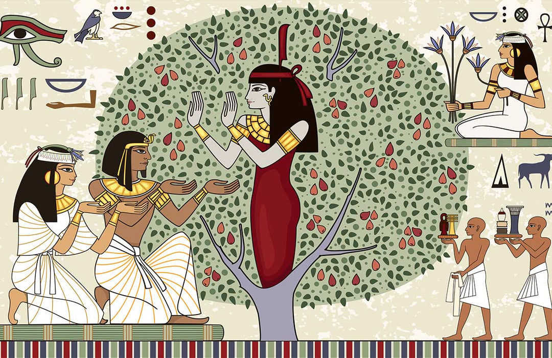 Ancient Egyptian Themed Mural Wallpaper with Hieroglyphics and Mythological Scenes