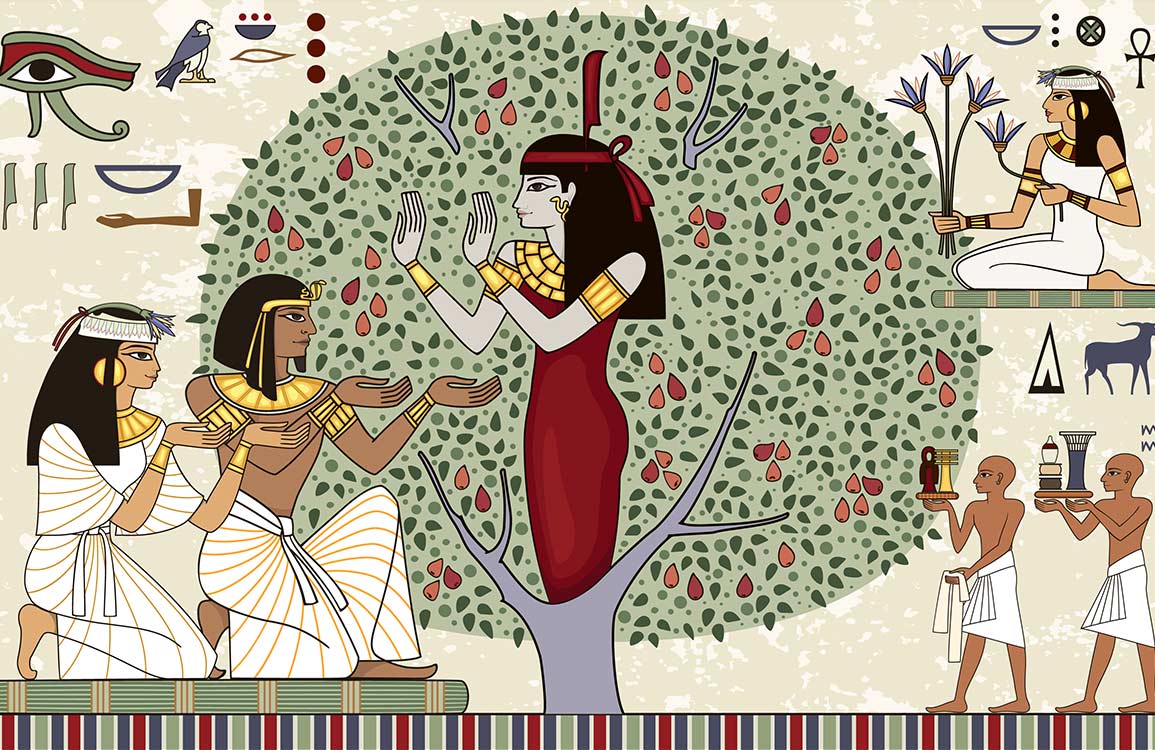 Ancient Egyptian Themed Mural Wallpaper with Hieroglyphics and Mythological Scenes