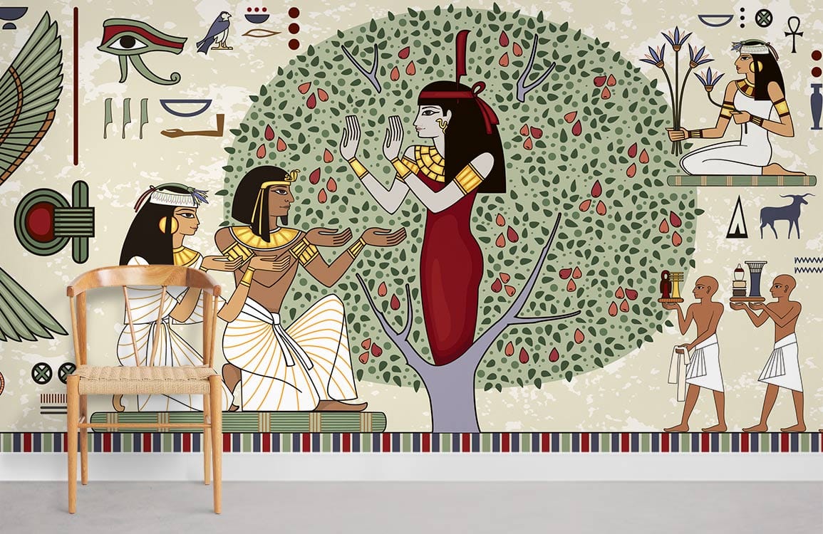 Ancient Egyptian mural wallpaper with hieroglyphics in living room, wooden chair, grey flooring.