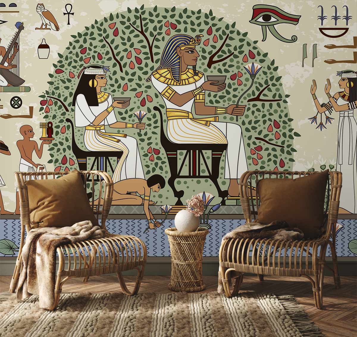 Ancient Egyptian mural wallpaper with hieroglyphics in living room, rattan chairs, and woven rug.