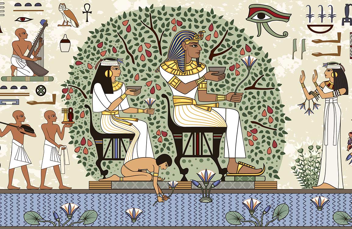Ancient Egyptian Mural Wallpaper in Vibrant Colours with Historical Hieroglyphics Design