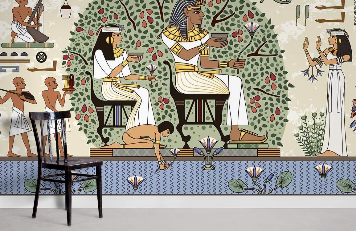 Ancient Egyptian mural wallpaper with hieroglyphics, vibrant colours, black chair, grey flooring, living room.